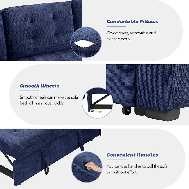 Canapé sectionnel d'angle convertible 5 places bleu de 82,6 po sur roulettes, avec lit gigogne, ports USB et prises de courant