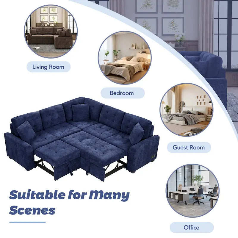 Canapé sectionnel d'angle convertible 5 places bleu de 82,6 po sur roulettes, avec lit gigogne, ports USB et prises de courant