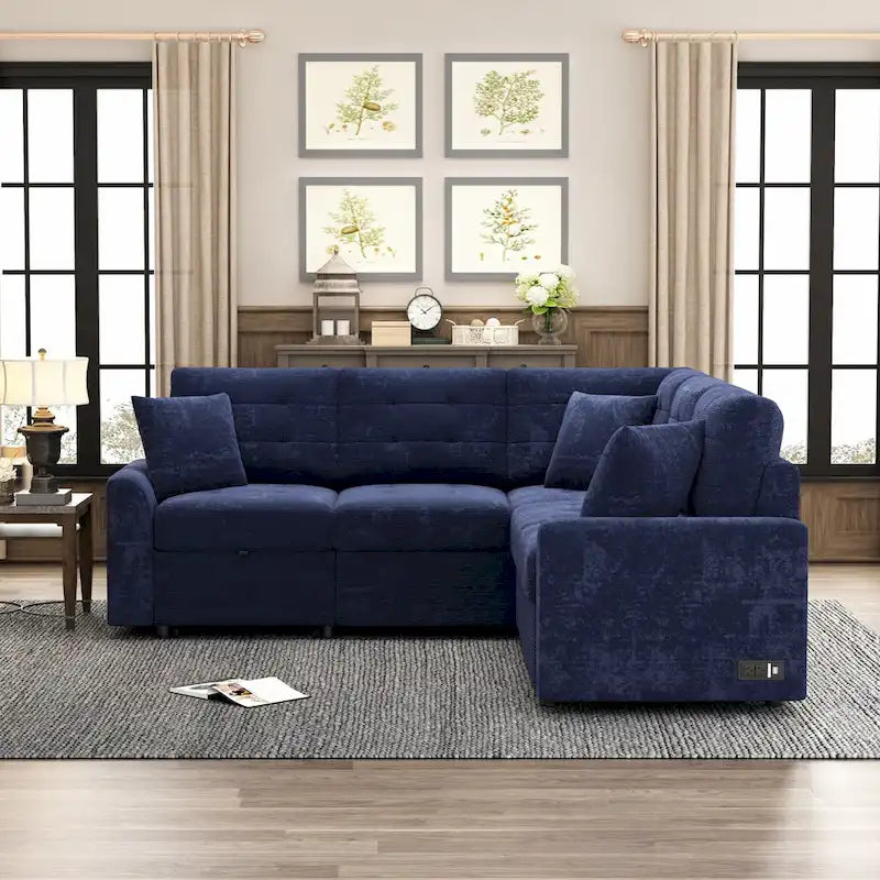 Canapé sectionnel d'angle convertible 5 places bleu de 82,6 po sur roulettes, avec lit gigogne, ports USB et prises de courant