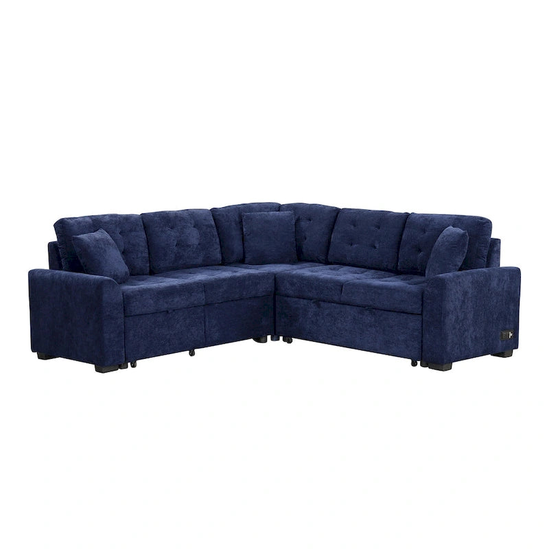 Canapé sectionnel d'angle convertible 5 places bleu de 82,6 po sur roulettes, avec lit gigogne, ports USB et prises de courant