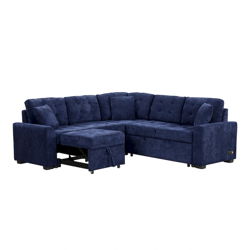 Canapé sectionnel d'angle convertible 5 places bleu de 82,6 po sur roulettes, avec lit gigogne, ports USB et prises de courant