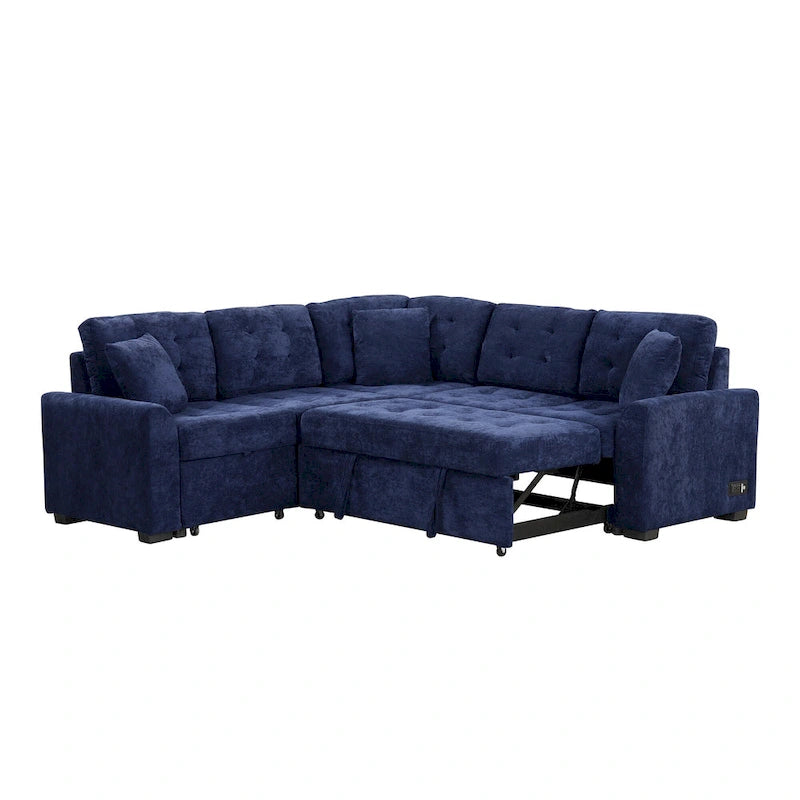 Canapé sectionnel d'angle convertible 5 places bleu de 82,6 po sur roulettes, avec lit gigogne, ports USB et prises de courant