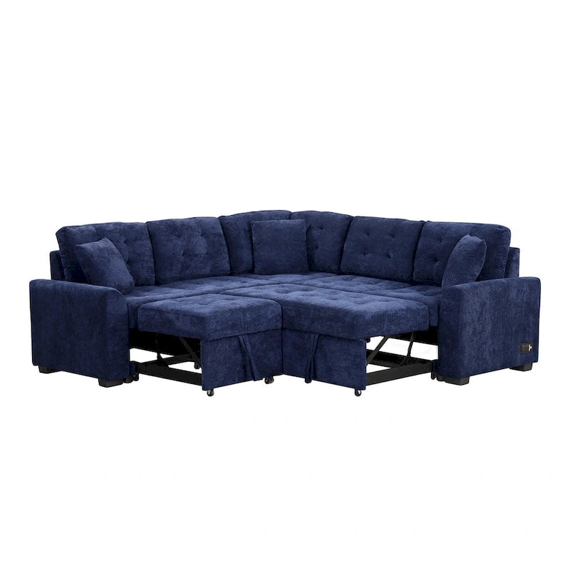 Canapé sectionnel d'angle convertible 5 places bleu de 82,6 po sur roulettes, avec lit gigogne, ports USB et prises de courant