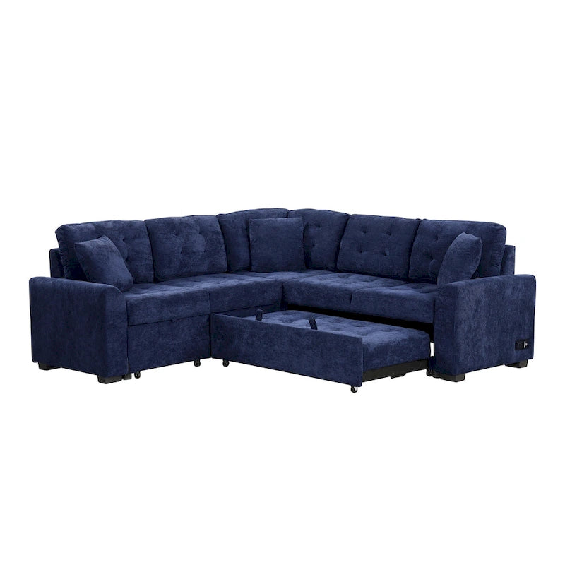 Canapé sectionnel d'angle convertible 5 places bleu de 82,6 po sur roulettes, avec lit gigogne, ports USB et prises de courant