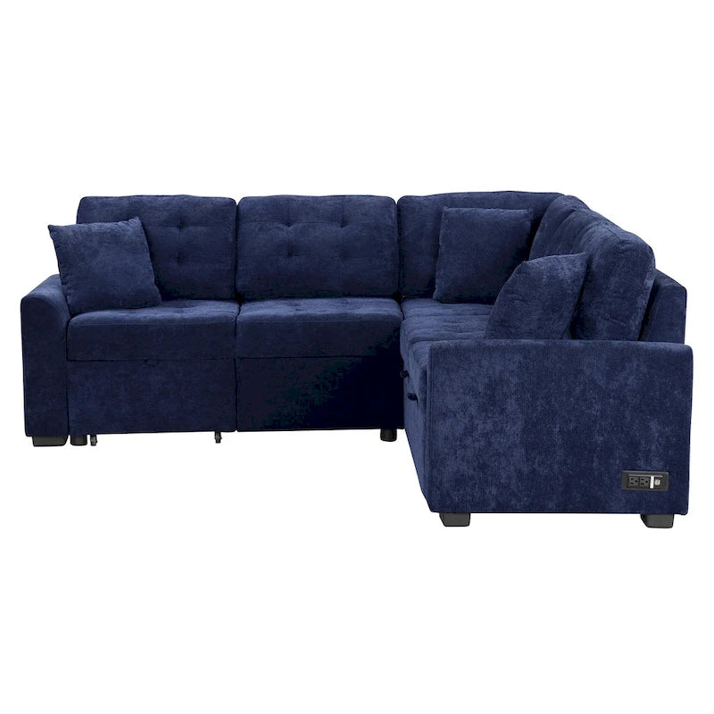 Canapé sectionnel d'angle convertible 5 places bleu de 82,6 po sur roulettes, avec lit gigogne, ports USB et prises de courant