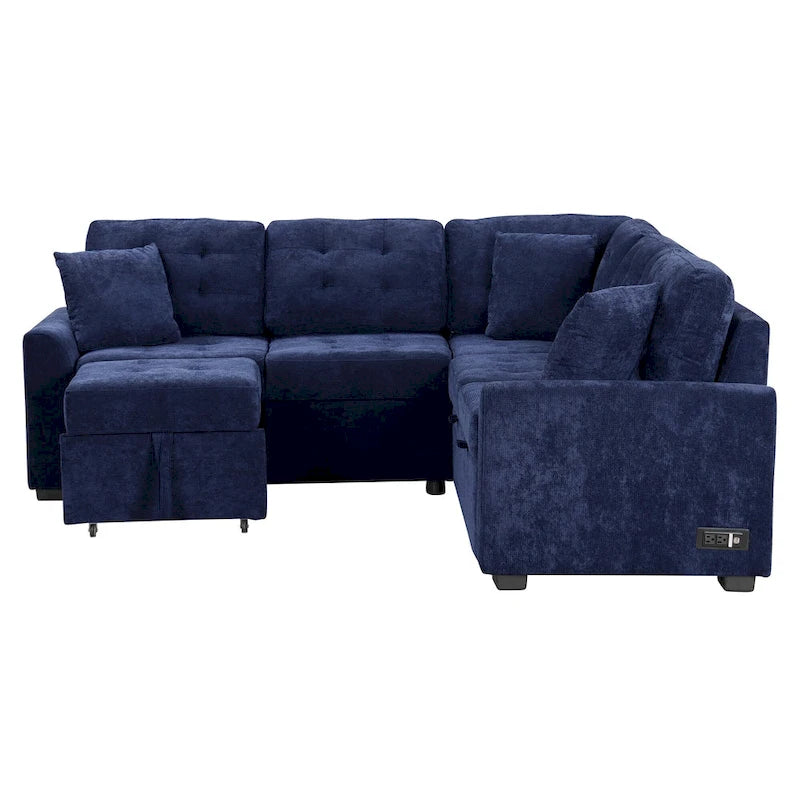 Canapé sectionnel d'angle convertible 5 places bleu de 82,6 po sur roulettes, avec lit gigogne, ports USB et prises de courant
