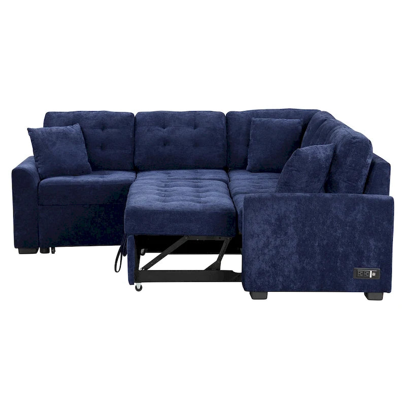 Canapé sectionnel d'angle convertible 5 places bleu de 82,6 po sur roulettes, avec lit gigogne, ports USB et prises de courant