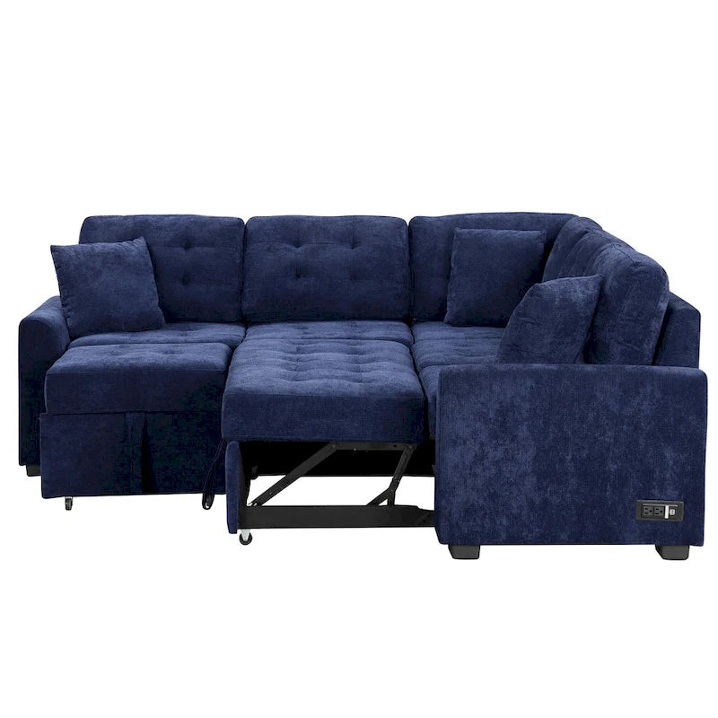 Canapé sectionnel d'angle convertible 5 places bleu de 82,6 po sur roulettes, avec lit gigogne, ports USB et prises de courant