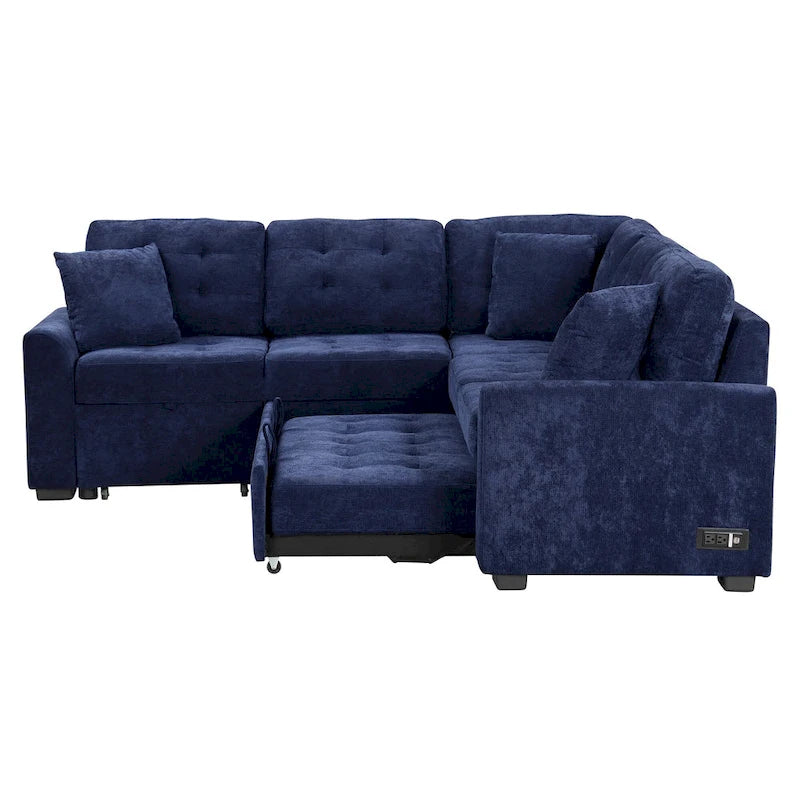 Canapé sectionnel d'angle convertible 5 places bleu de 82,6 po sur roulettes, avec lit gigogne, ports USB et prises de courant
