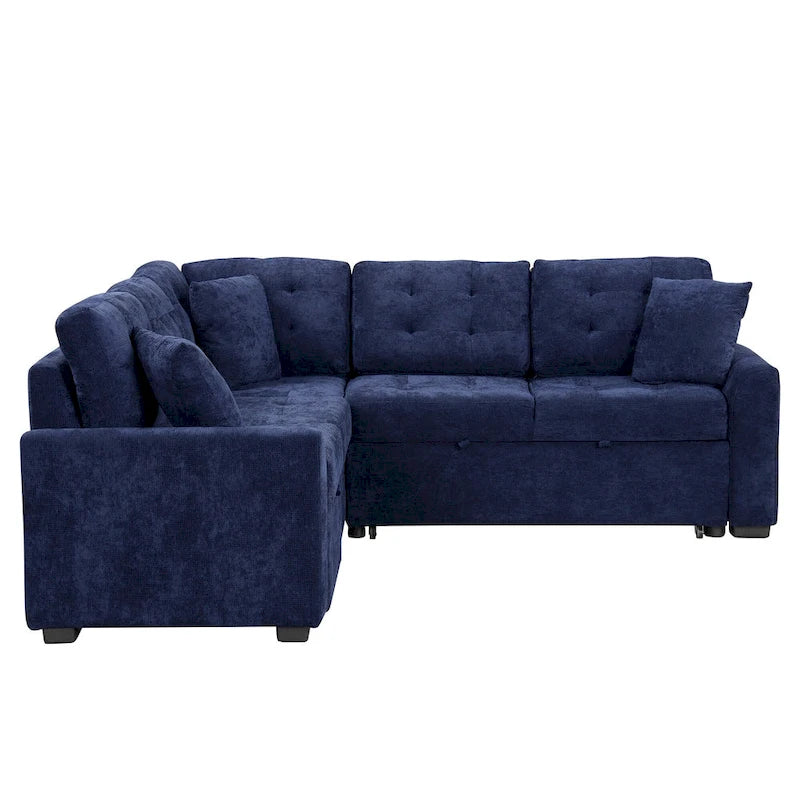 Canapé sectionnel d'angle convertible 5 places bleu de 82,6 po sur roulettes, avec lit gigogne, ports USB et prises de courant