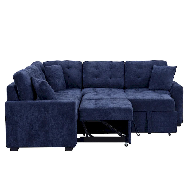 Canapé sectionnel d'angle convertible 5 places bleu de 82,6 po sur roulettes, avec lit gigogne, ports USB et prises de courant