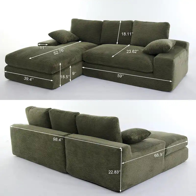 Canapé sectionnel modulaire en L à 4 places vert 98,4 avec méridienne, design moderne et coussins confortables en mousse haute résilience