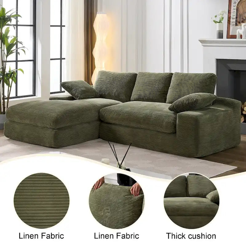 Canapé sectionnel modulaire en L à 4 places vert 98,4 avec méridienne, design moderne et coussins confortables en mousse haute résilience