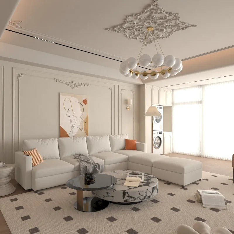 Canapé modulable en U 4 places blanc 123 avec poufs de rangement, montage et transport faciles