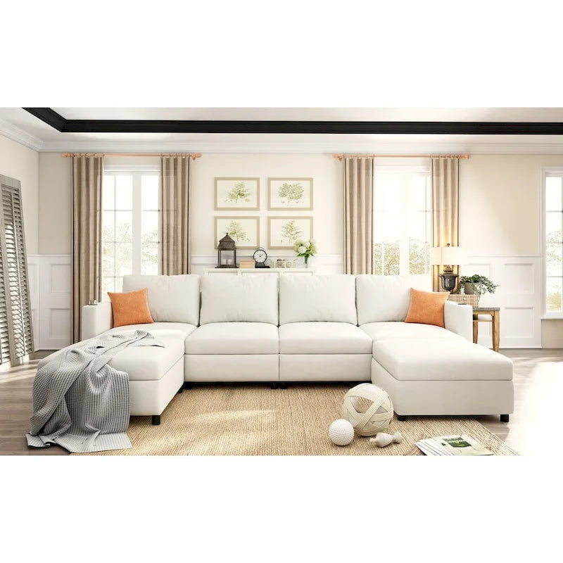 Canapé modulable en U 4 places blanc 123 avec poufs de rangement, montage et transport faciles