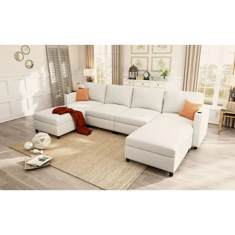 Canapé modulable en U 4 places blanc 123 avec poufs de rangement, montage et transport faciles