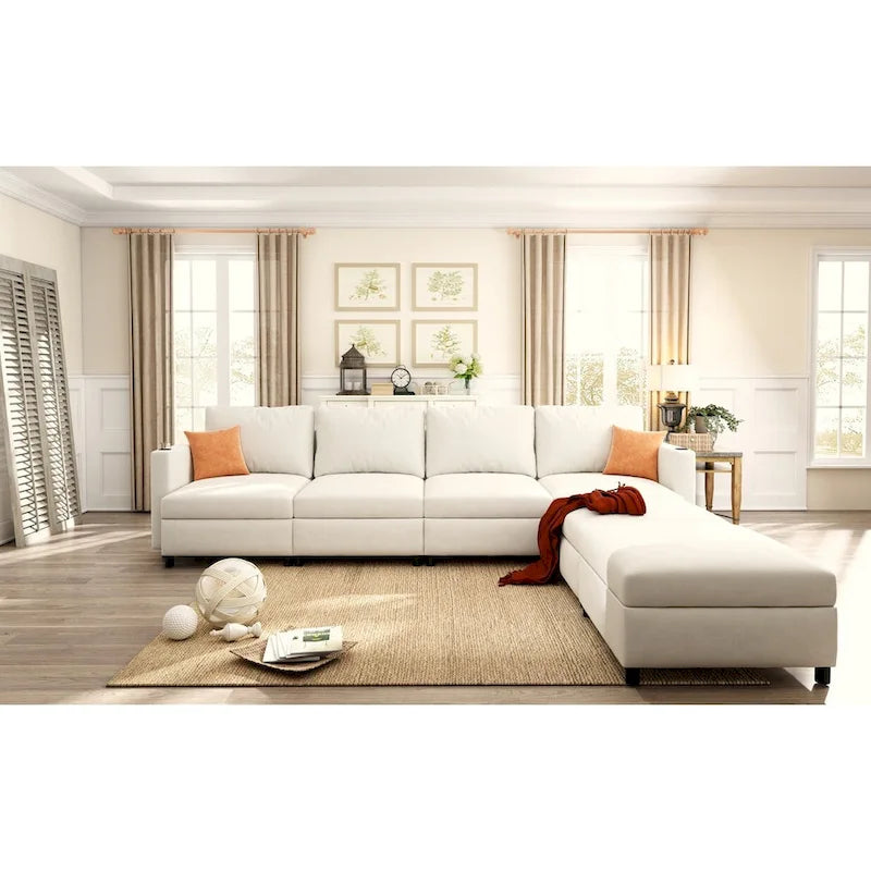 Canapé modulable en U 4 places blanc 123 avec poufs de rangement, montage et transport faciles