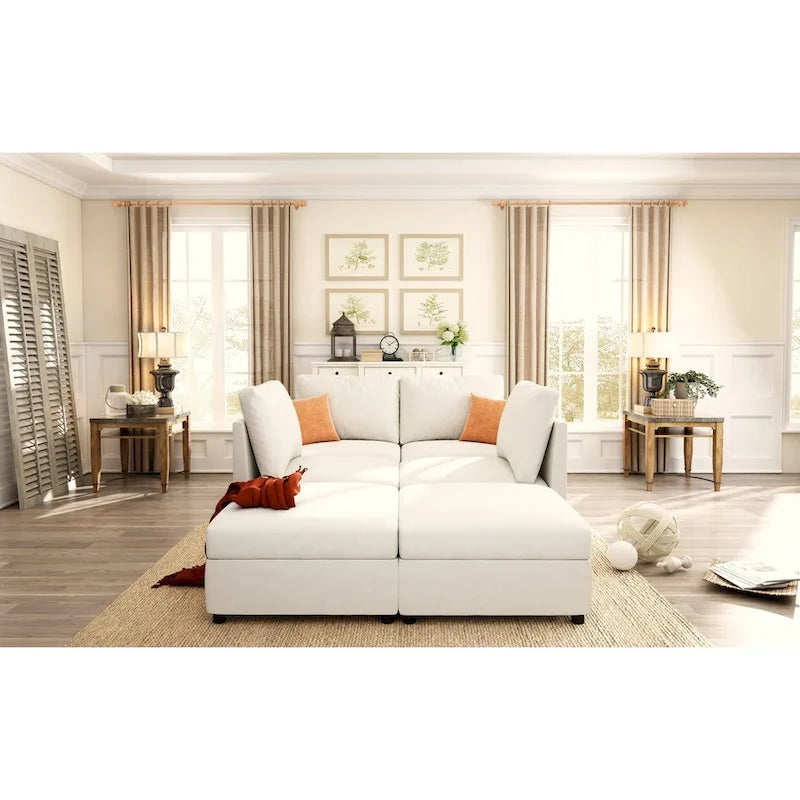 Canapé modulable en U 4 places blanc 123 avec poufs de rangement, montage et transport faciles