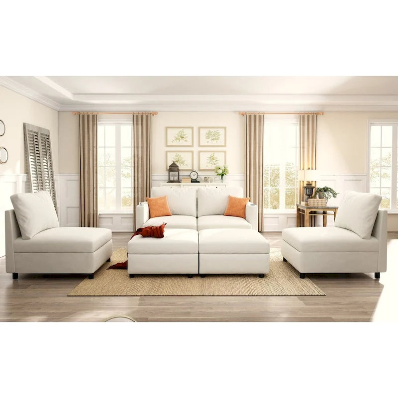 Canapé modulable en U 4 places blanc 123 avec poufs de rangement, montage et transport faciles