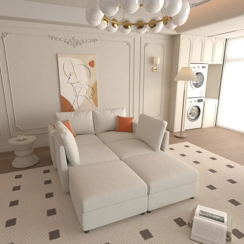 Canapé modulable en U 4 places blanc 123 avec poufs de rangement, montage et transport faciles