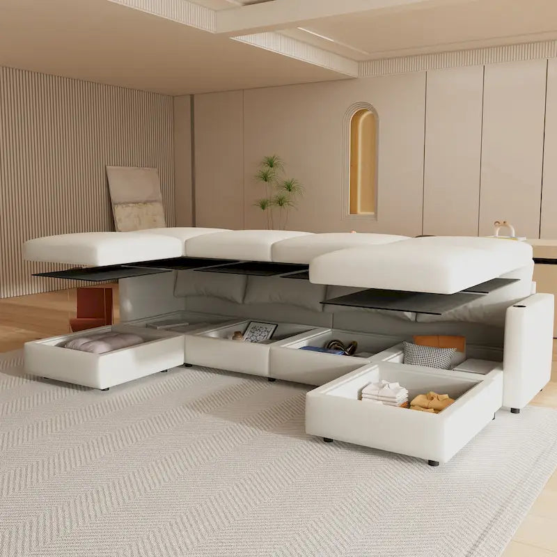Canapé modulable en U 4 places blanc 123 avec poufs de rangement, montage et transport faciles