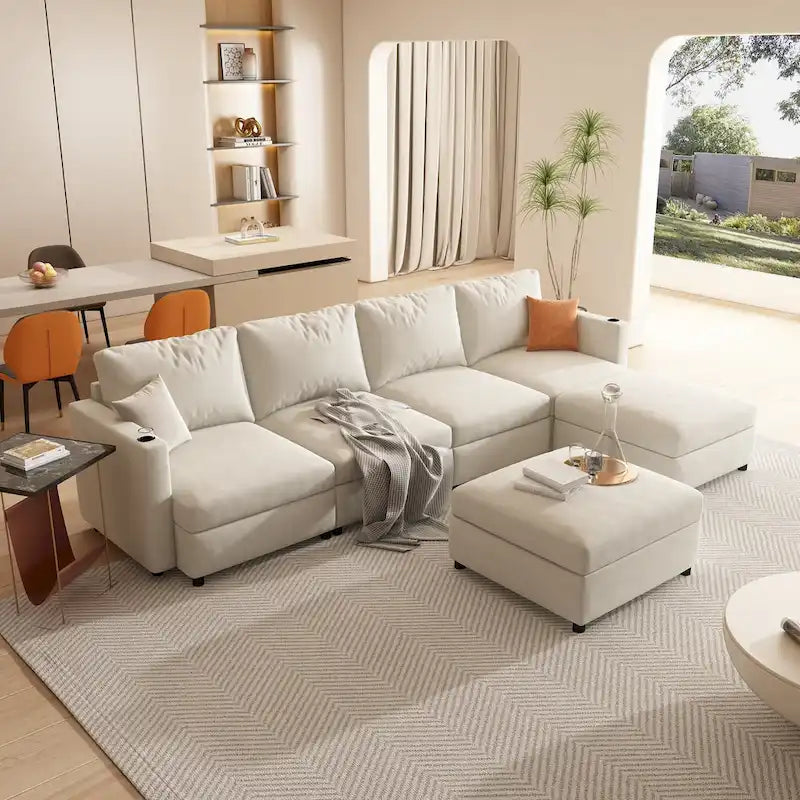 Canapé modulable en U 4 places blanc 123 avec poufs de rangement, montage et transport faciles