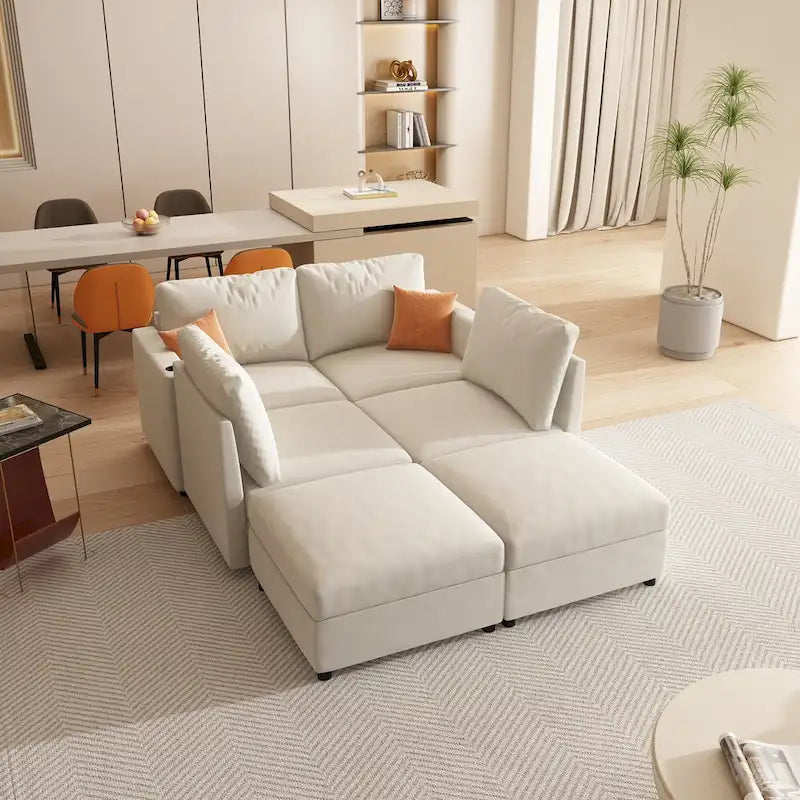 Canapé modulable en U 4 places blanc 123 avec poufs de rangement, montage et transport faciles