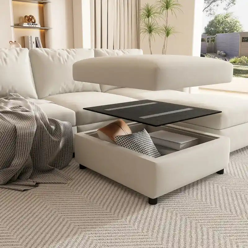 Canapé modulable en U 4 places blanc 123 avec poufs de rangement, montage et transport faciles