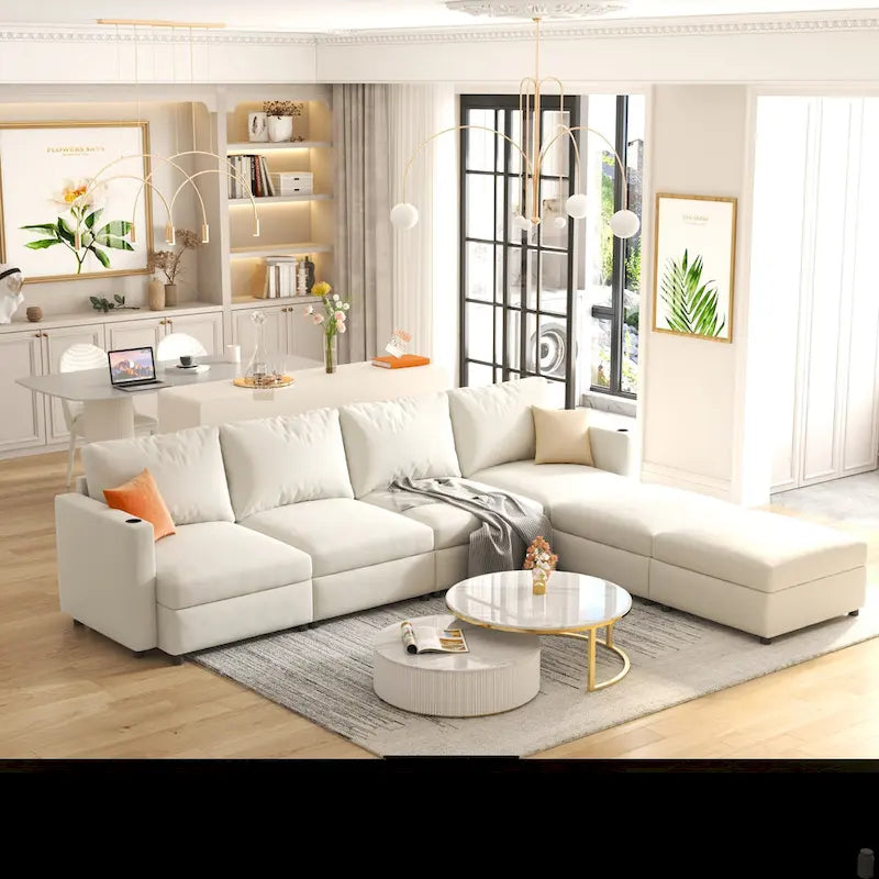 Canapé modulable en U 4 places blanc 123 avec poufs de rangement, montage et transport faciles