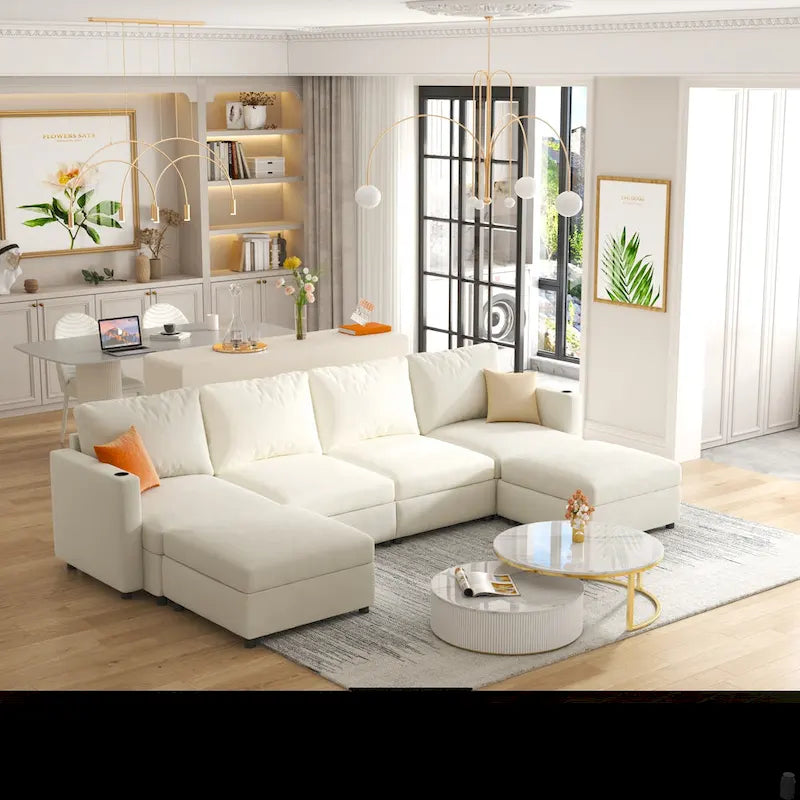 Canapé modulable en U 4 places blanc 123 avec poufs de rangement, montage et transport faciles