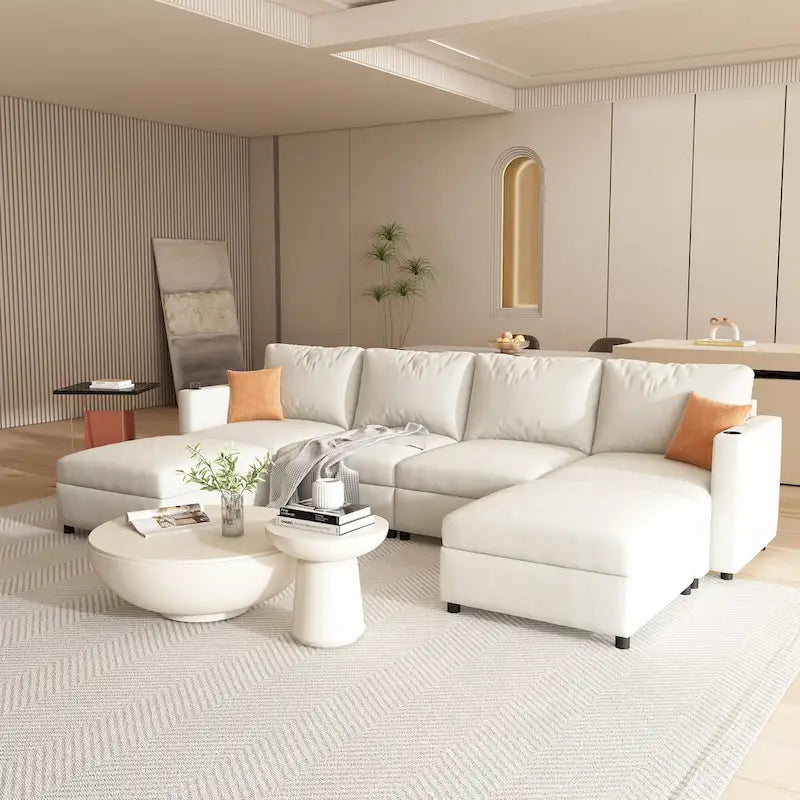 Canapé modulable en U 4 places blanc 123 avec poufs de rangement, montage et transport faciles