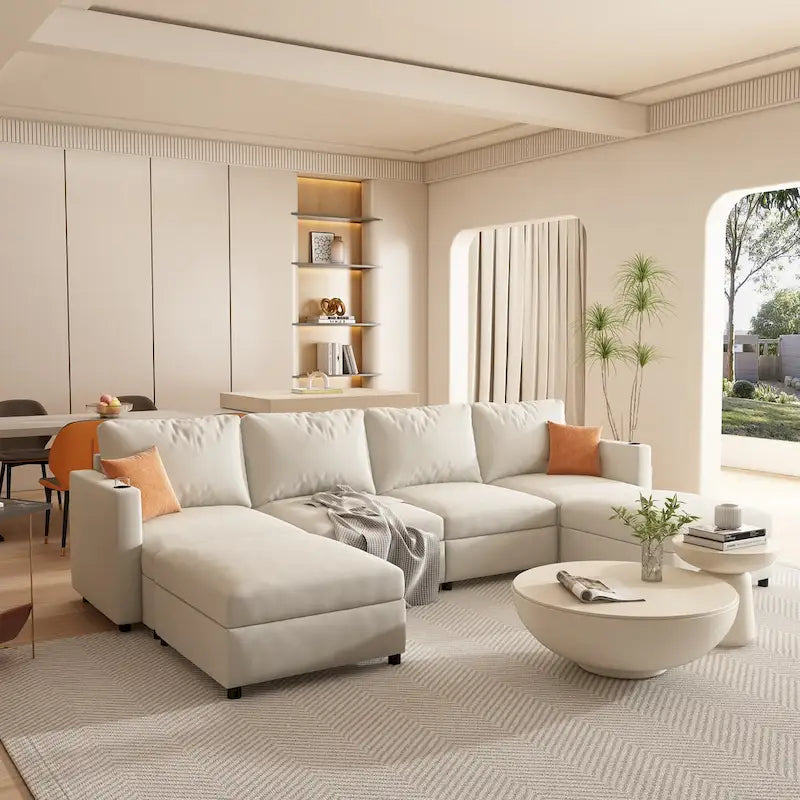 Canapé modulable en U 4 places blanc 123 avec poufs de rangement, montage et transport faciles