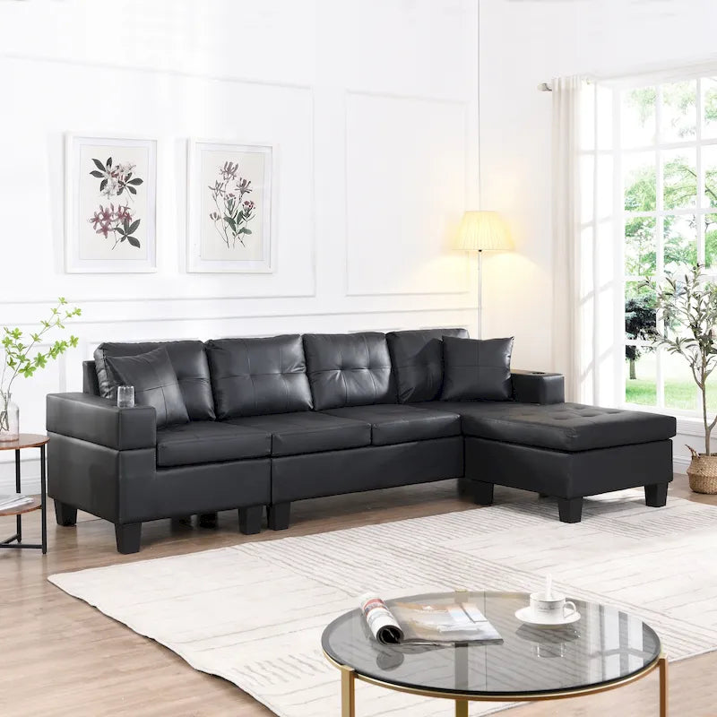 Canapé d'angle contemporain noir 96.06 places en L avec méridienne, porte-gobelets et coussins décoratifs inclus