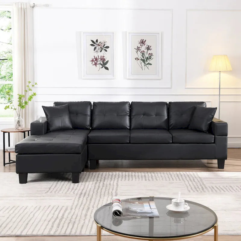 Canapé d'angle contemporain noir 96.06 places en L avec méridienne, porte-gobelets et coussins décoratifs inclus