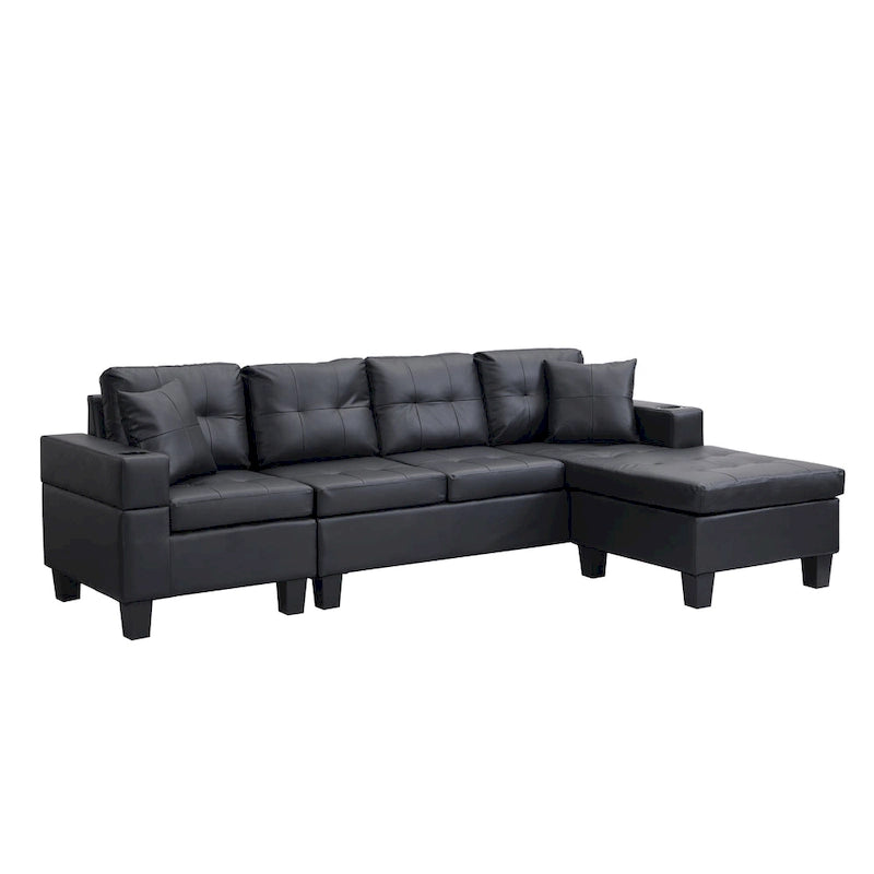 Canapé d'angle contemporain noir 96.06 places en L avec méridienne, porte-gobelets et coussins décoratifs inclus