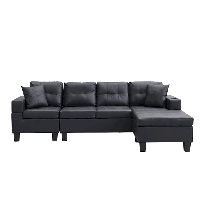 Canapé d'angle contemporain noir 96.06 places en L avec méridienne, porte-gobelets et coussins décoratifs inclus