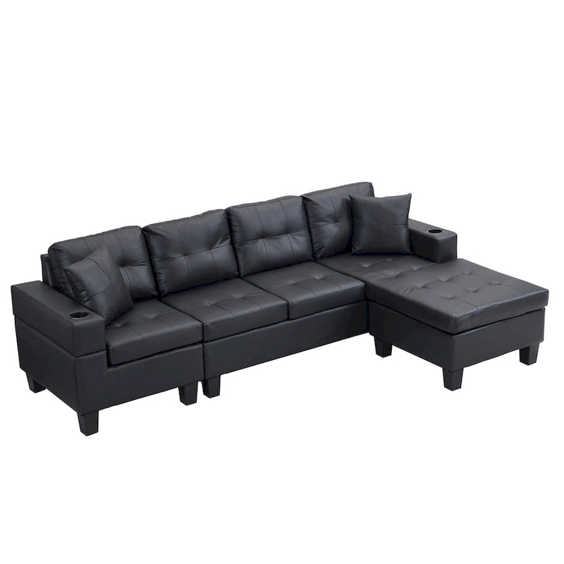 Canapé d'angle contemporain noir 96.06 places en L avec méridienne, porte-gobelets et coussins décoratifs inclus