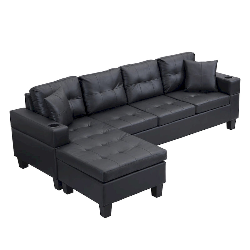 Canapé d'angle contemporain noir 96.06 places en L avec méridienne, porte-gobelets et coussins décoratifs inclus