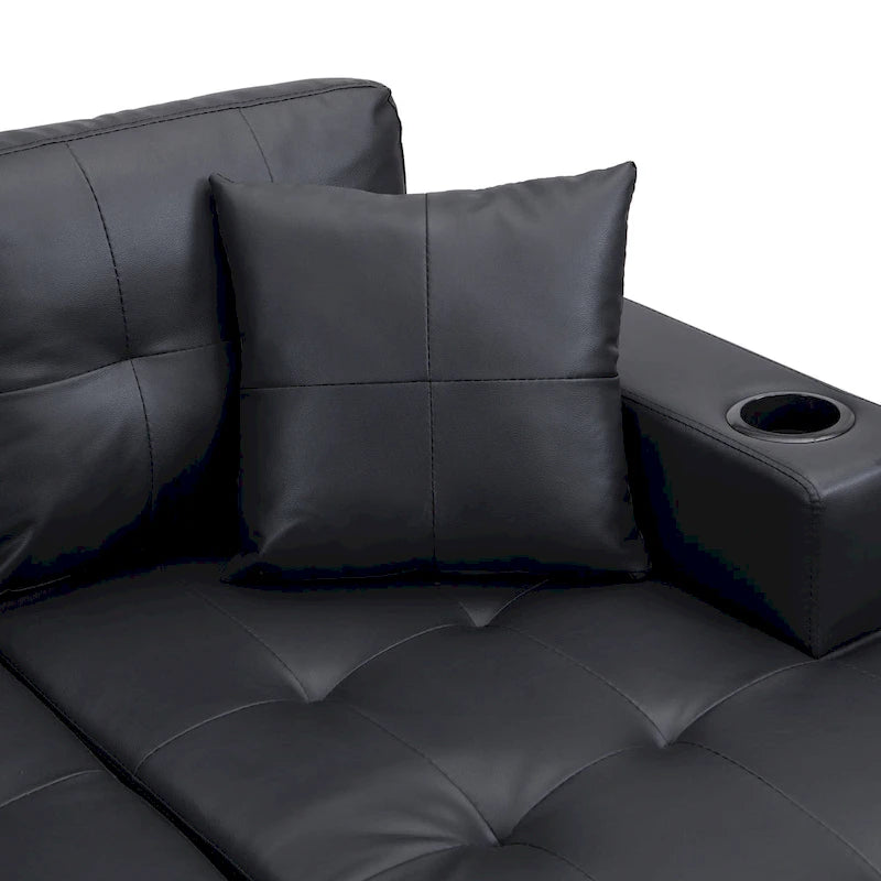 Canapé d'angle contemporain noir 96.06 places en L avec méridienne, porte-gobelets et coussins décoratifs inclus