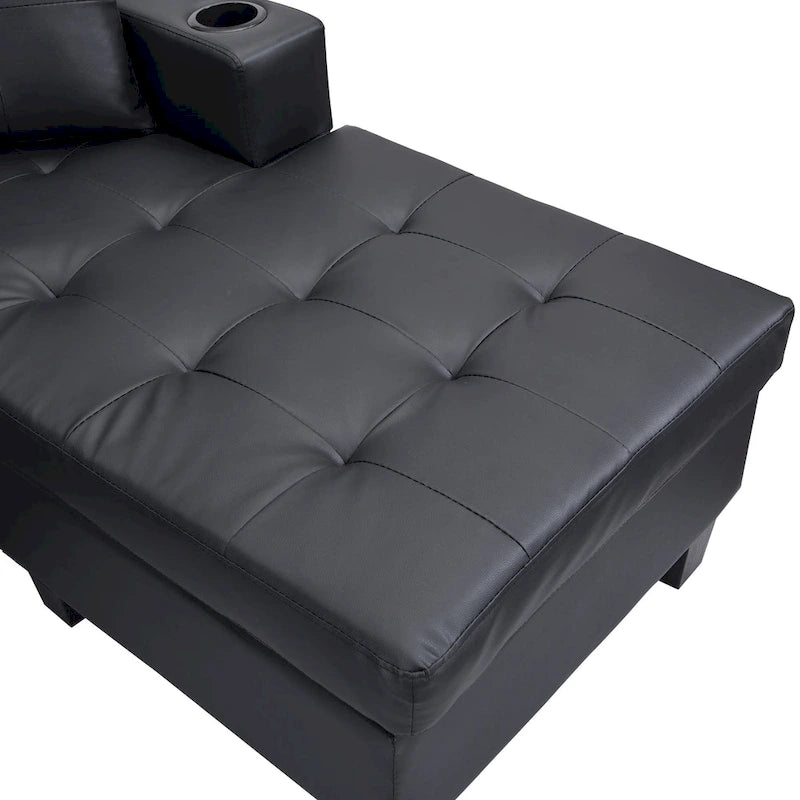 Canapé d'angle contemporain noir 96.06 places en L avec méridienne, porte-gobelets et coussins décoratifs inclus