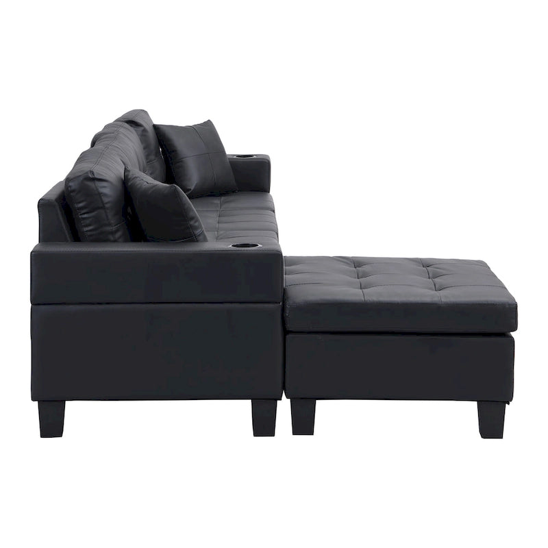 Canapé d'angle contemporain noir 96.06 places en L avec méridienne, porte-gobelets et coussins décoratifs inclus