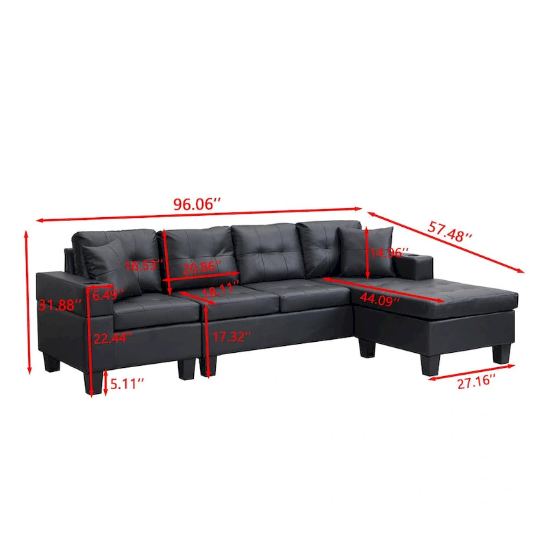 Canapé d'angle contemporain noir 96.06 places en L avec méridienne, porte-gobelets et coussins décoratifs inclus