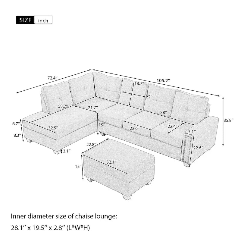 105.2 Canapé d'angle réversible 6 places avec pouf de rangement et porte-gobelets, design compact en lin