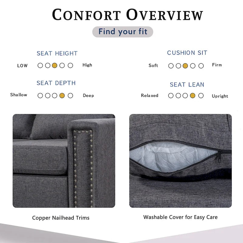 105.2 Canapé d'angle réversible 6 places avec pouf de rangement et porte-gobelets, design compact en lin