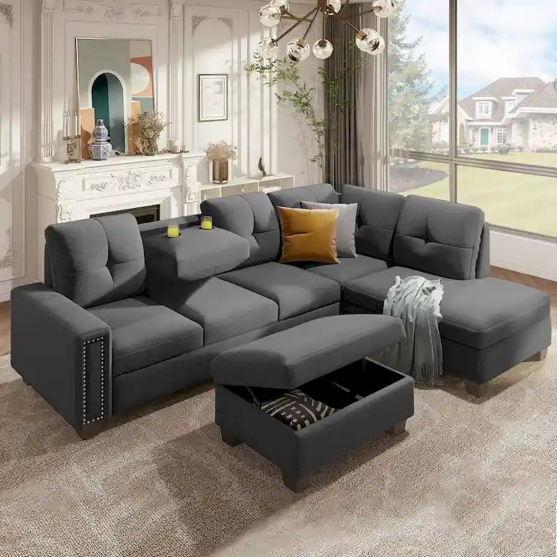 105.2 Canapé d'angle réversible 6 places avec pouf de rangement et porte-gobelets, design compact en lin