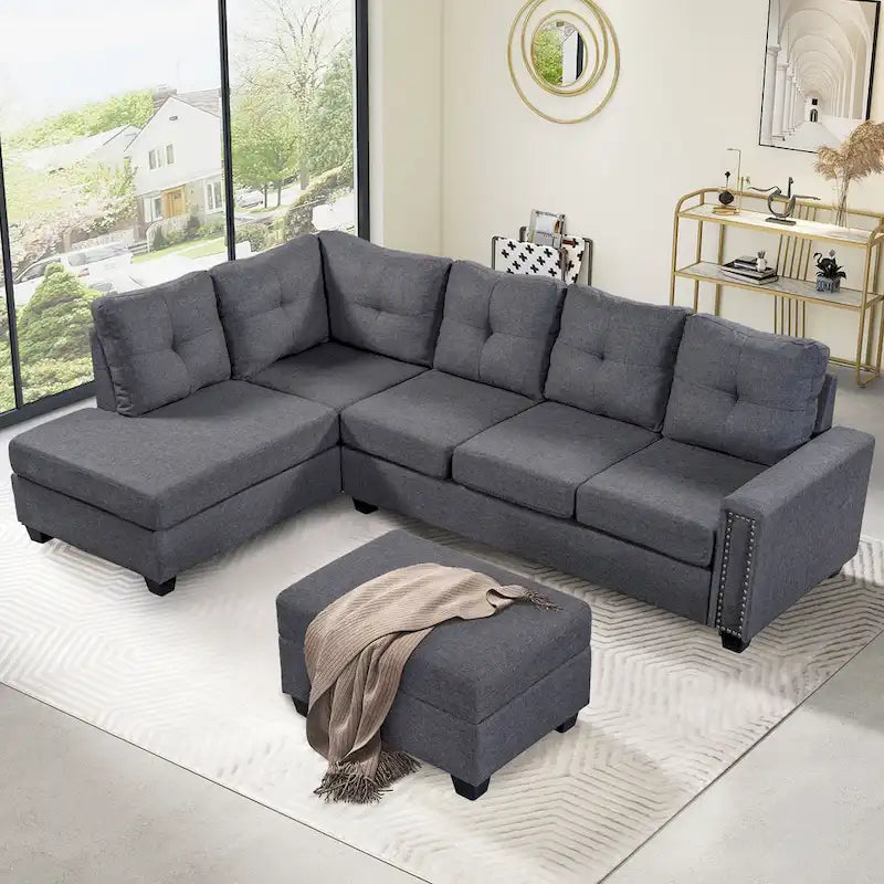 105.2 Canapé d'angle réversible 6 places avec pouf de rangement et porte-gobelets, design compact en lin