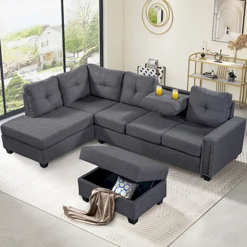 105.2 Canapé d'angle réversible 6 places avec pouf de rangement et porte-gobelets, design compact en lin