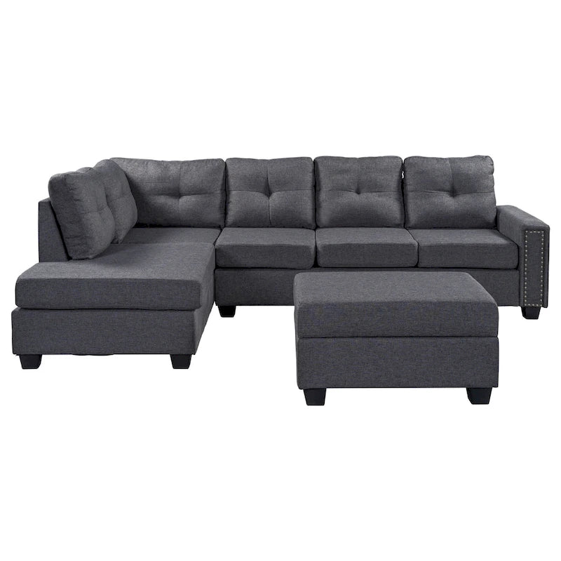 105.2 Canapé d'angle réversible 6 places avec pouf de rangement et porte-gobelets, design compact en lin