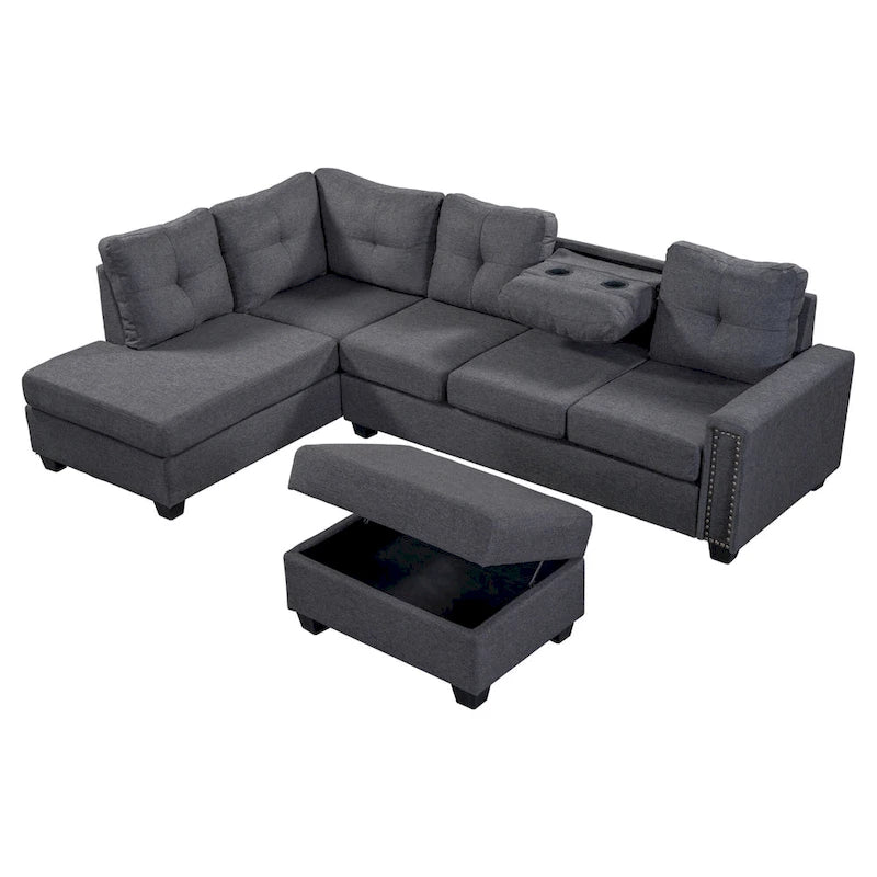 105.2 Canapé d'angle réversible 6 places avec pouf de rangement et porte-gobelets, design compact en lin