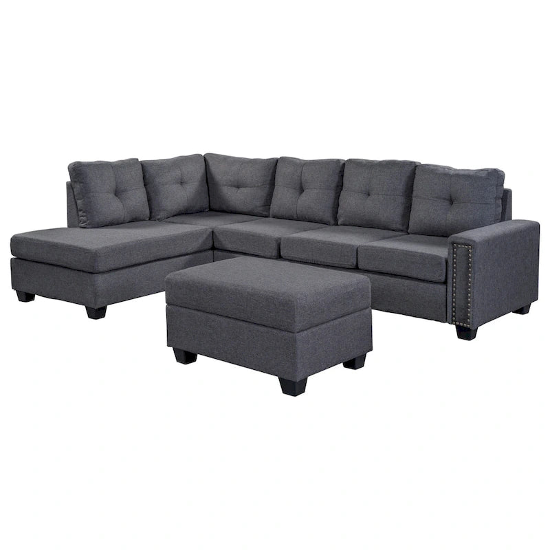 105.2 Canapé d'angle réversible 6 places avec pouf de rangement et porte-gobelets, design compact en lin